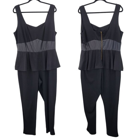 Ashley Stewart Black Peplum Jumpsuit Sz 16 Faux Leather Waist Exposed Zipper - Picture 1 of 11